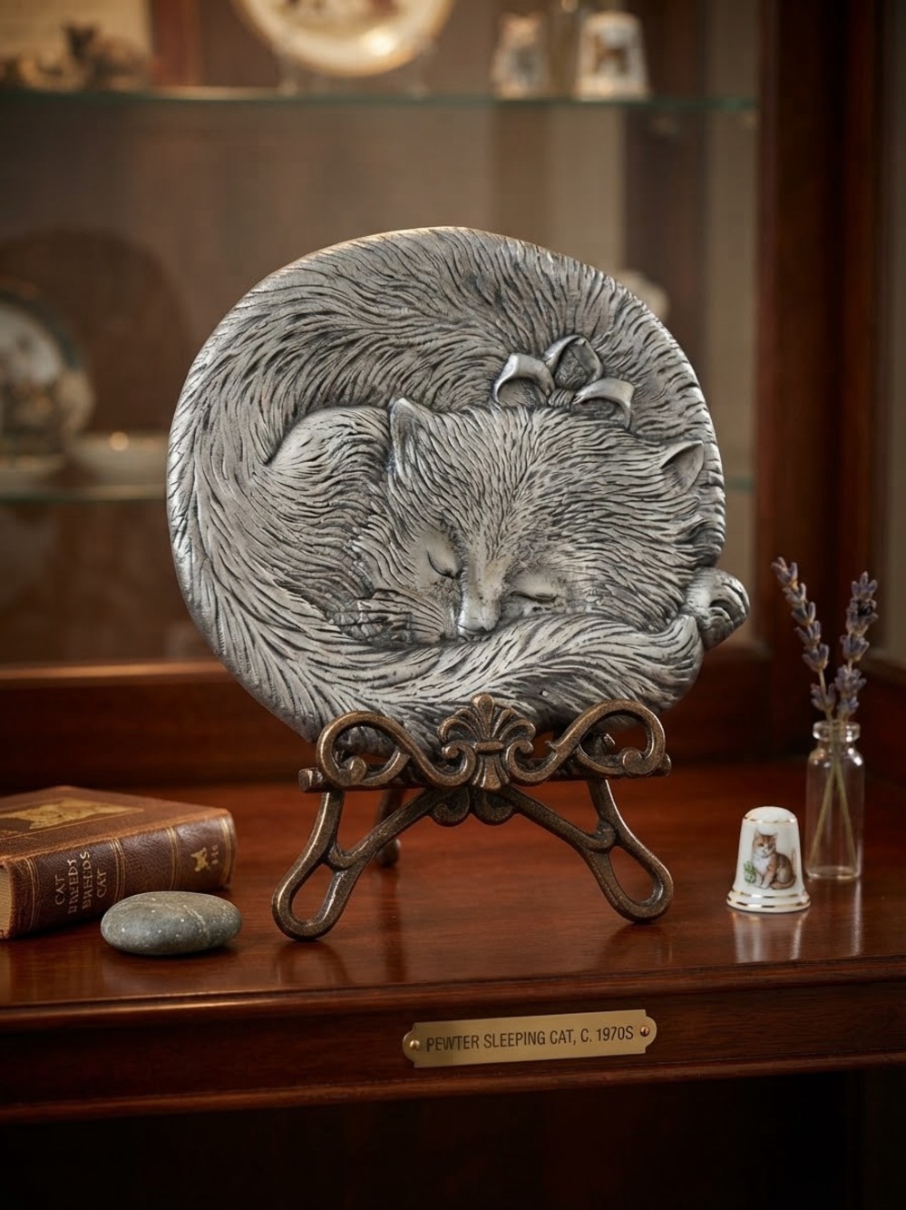 Vintage Arthur Court Silver Sleeping Cat Sculpture trinket/decor plate 1992